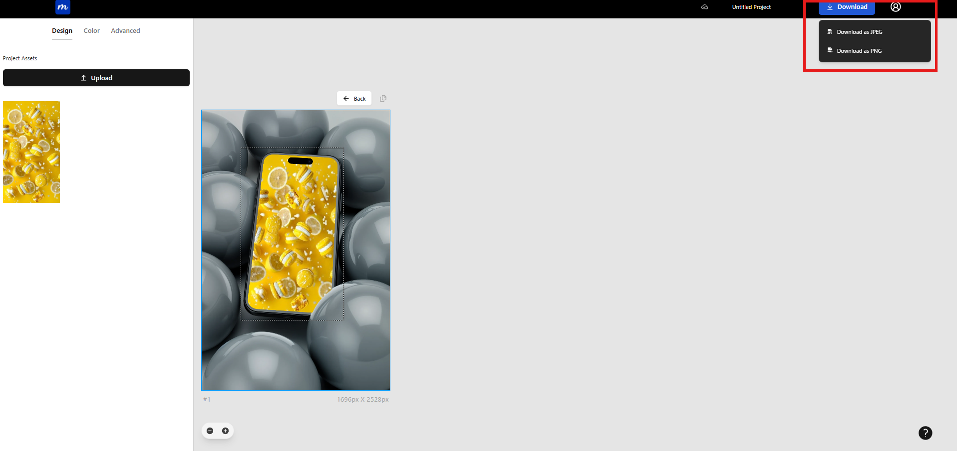 Modor’s mockup editor showing an iPhone mockup with download options highlighted